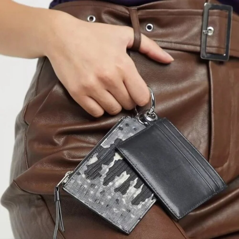 NWT All Saints Hocker Leather Key Fob ID Card holder Coin Purse Dual Pouch Grey - Picture 10 of 10